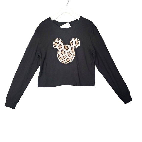 DISNEY Womens Shirt SZ L Mickey Mouse Leopard Animal Graphic Long Sleeve - Picture 1 of 8